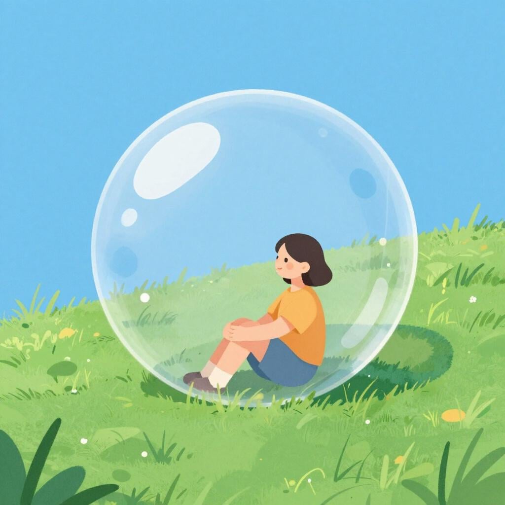A person sitting inside a large transparent sphere in a green field, representing isolation.