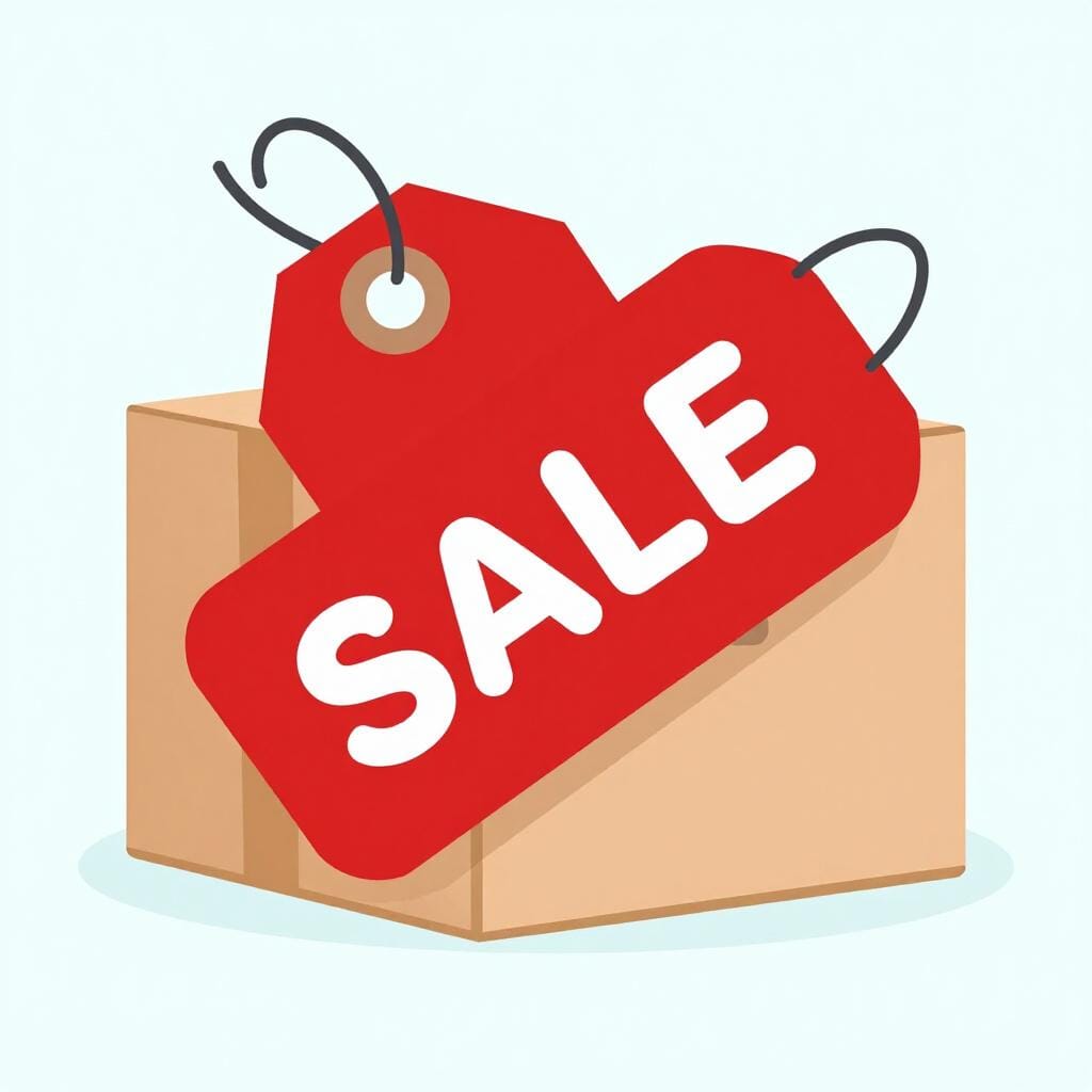 明るい赤色の値札がシンプルな茶色の段ボール箱に取り付けられている。