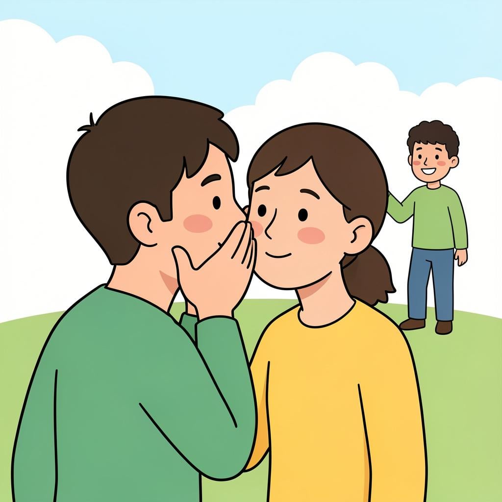 A person whispering into another person's ear while pointing at someone in the distance.