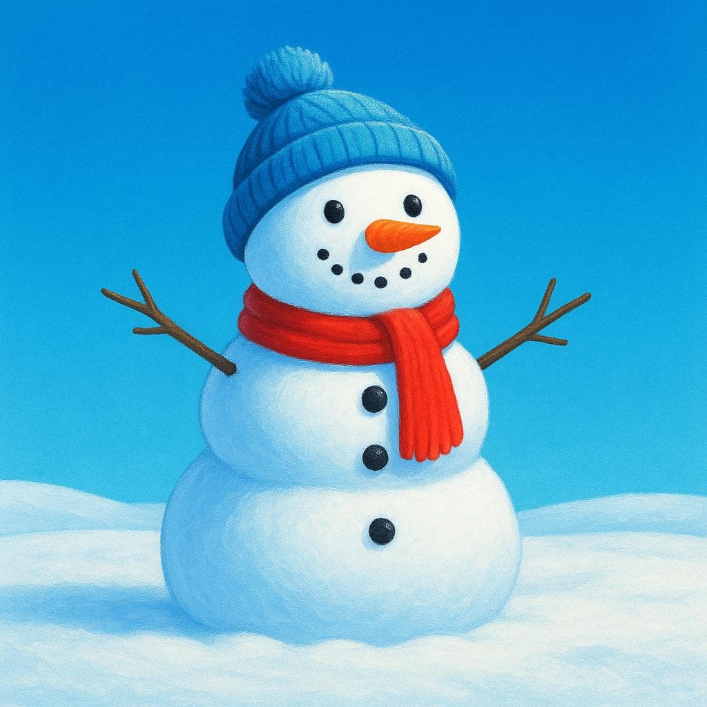Uma ilustração de livro de histórias em cores vivas de um boneco de neve sorridente parado sozinho em um campo de neve imaculado, simbolizando o clima frio de janeiro.