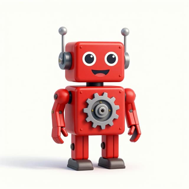 Um robô de brinquedo vermelho brilhante com engrenagens expostas e giratórias parece feliz, indicando que a máquina está funcionando.