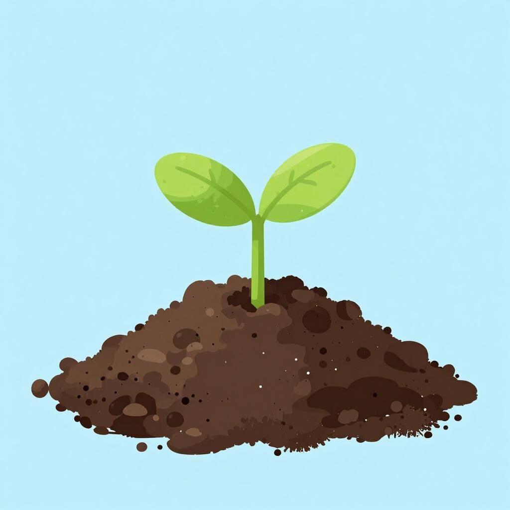A tiny green seedling sprouting from a small pile of brown soil.