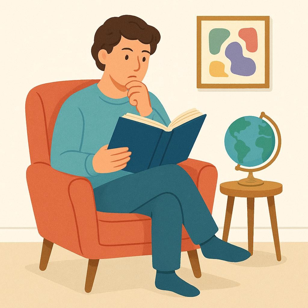 A person sitting in a cozy armchair reading a large book while surrounded by a globe and a painting.