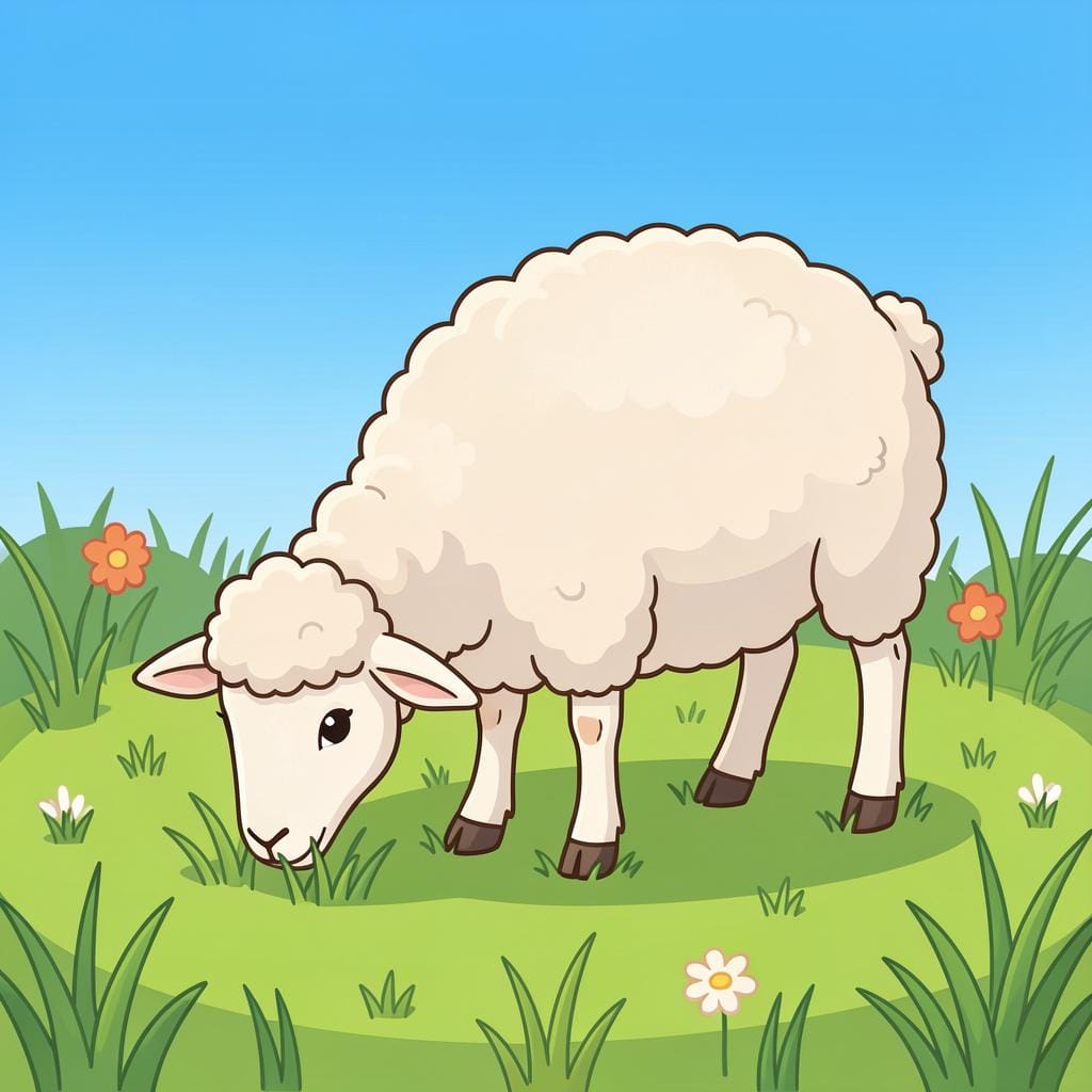 Uma ovelha fofa comendo pacificamente grama verde em um campo.