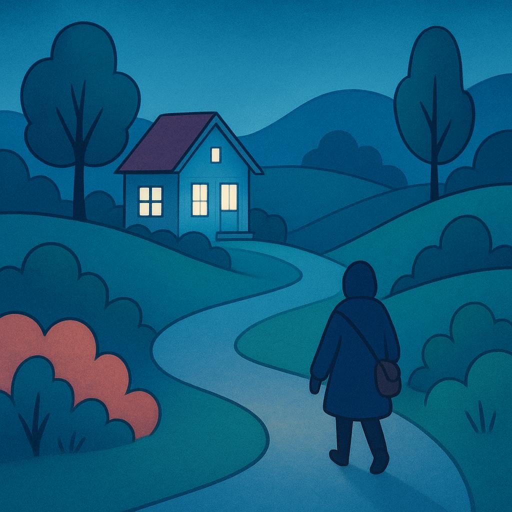 A person walking away from a cozy cottage along a winding dirt path under a bright sky, symbolizing departure.