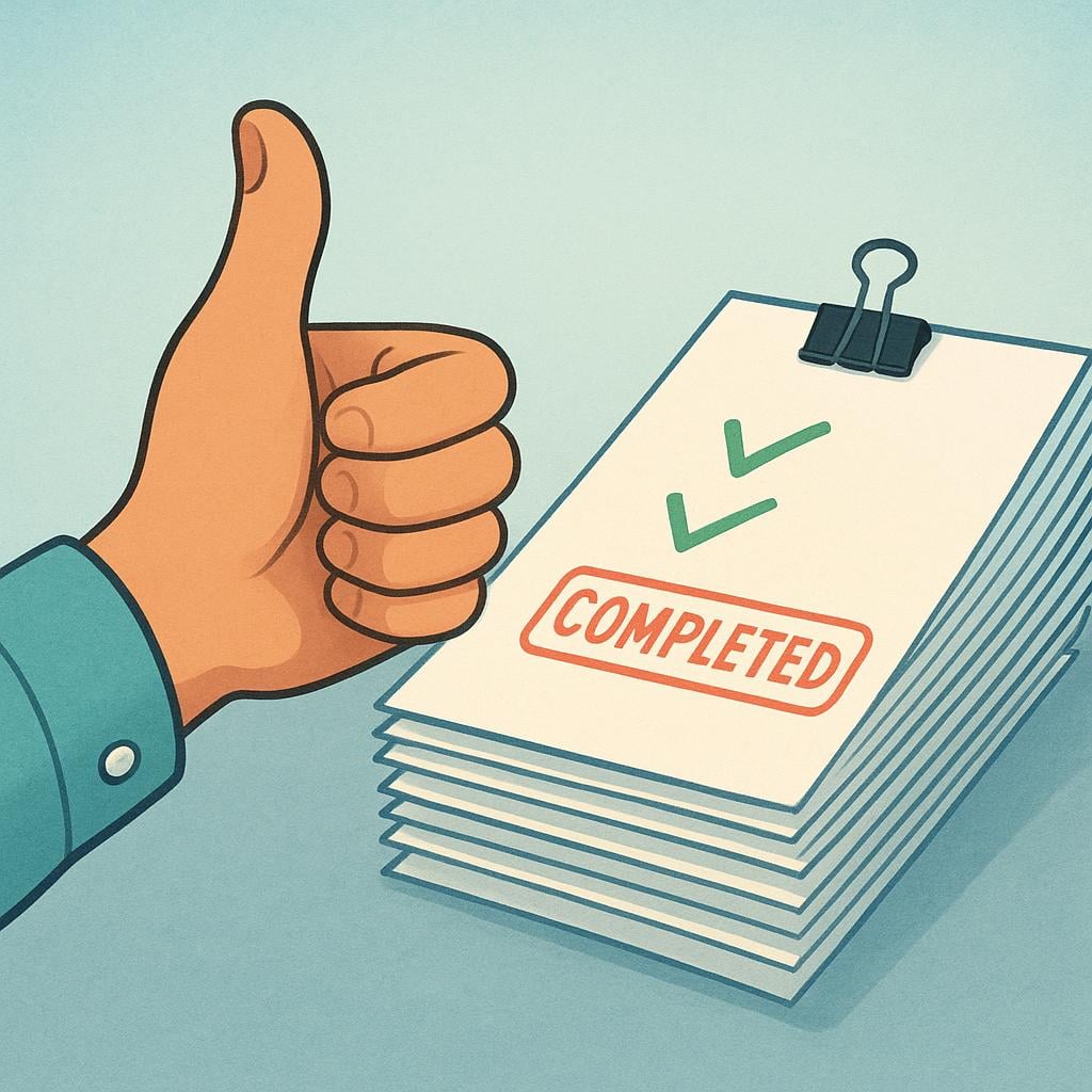 A close-up illustration of a hand giving a firm thumbs-up sign beside a neatly stacked pile of documents, indicating a finalized confirmation of an action.