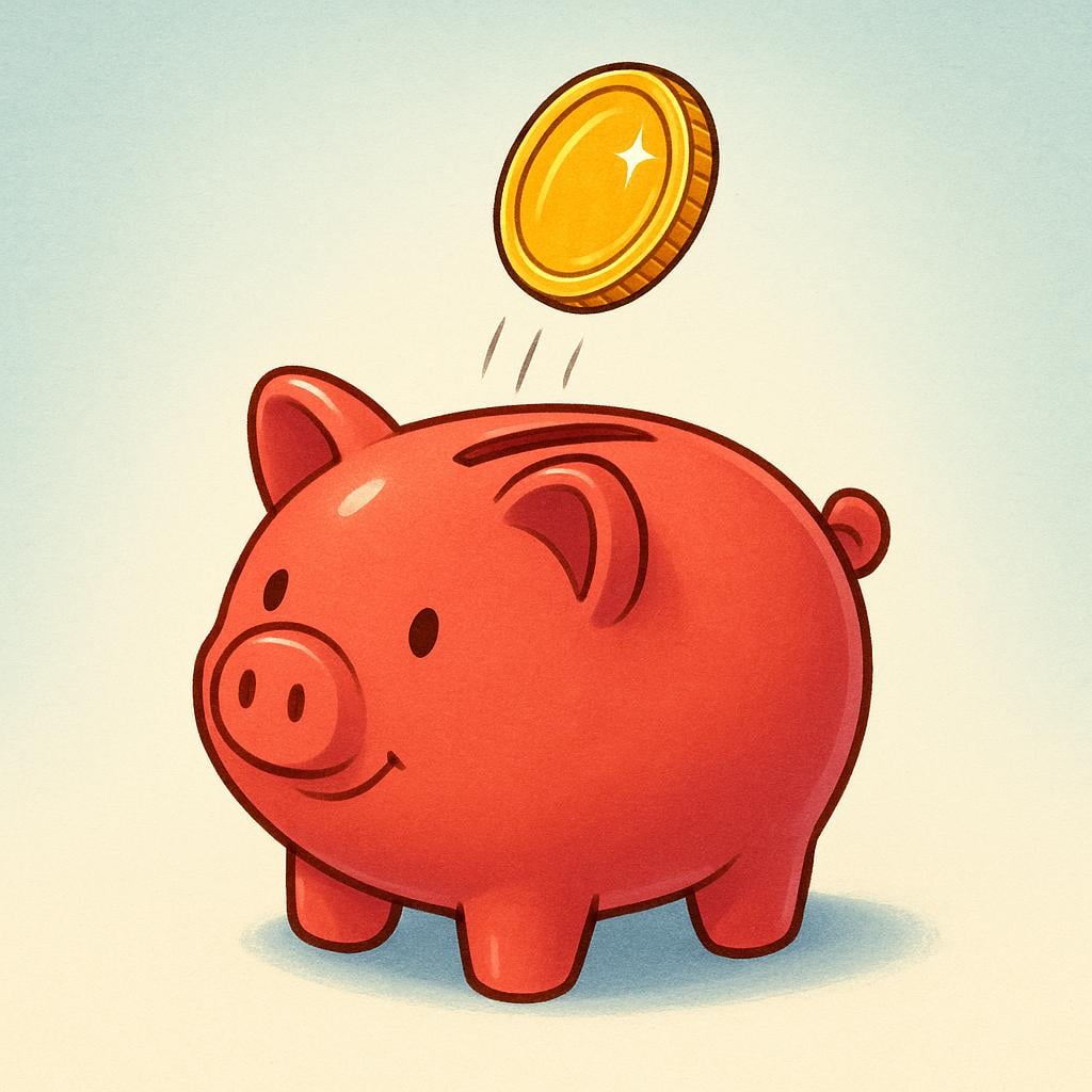 A close-up illustration of a shiny gold coin being dropped into the slot of a red ceramic piggy bank.