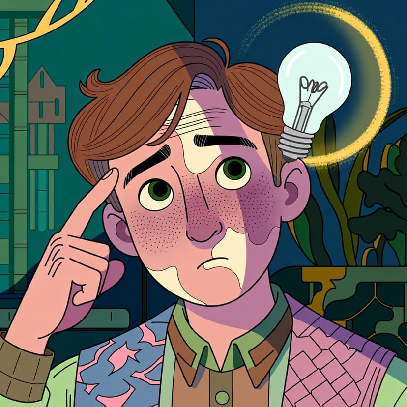 A person looking thoughtful, pointing to their temple with a glowing lightbulb next to their head, representing a belief or an idea.