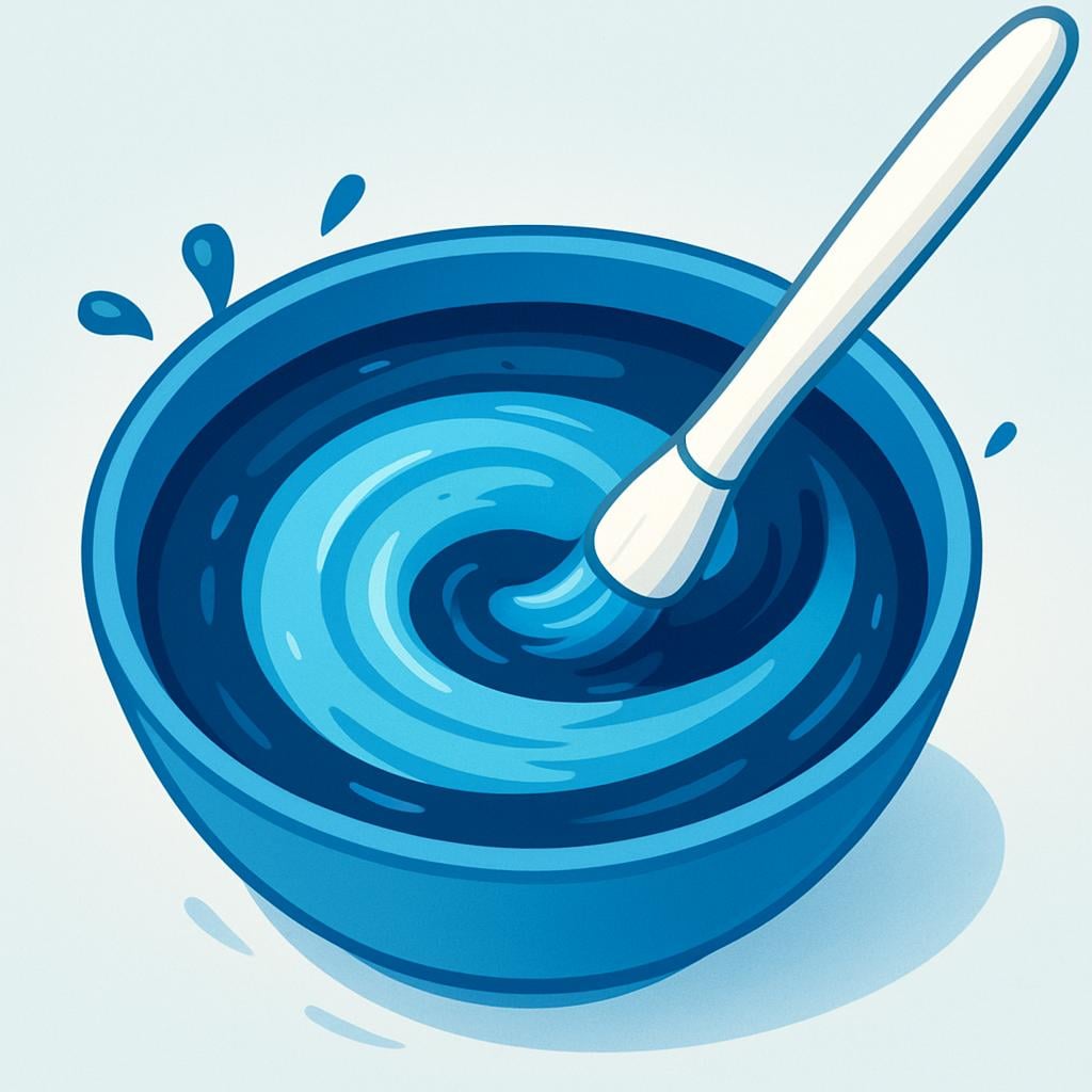 A simple scene showing a bowl of dark blue paint being mixed. A white brush is swirling the paint, and the resulting mixture is becoming a light sky blue.