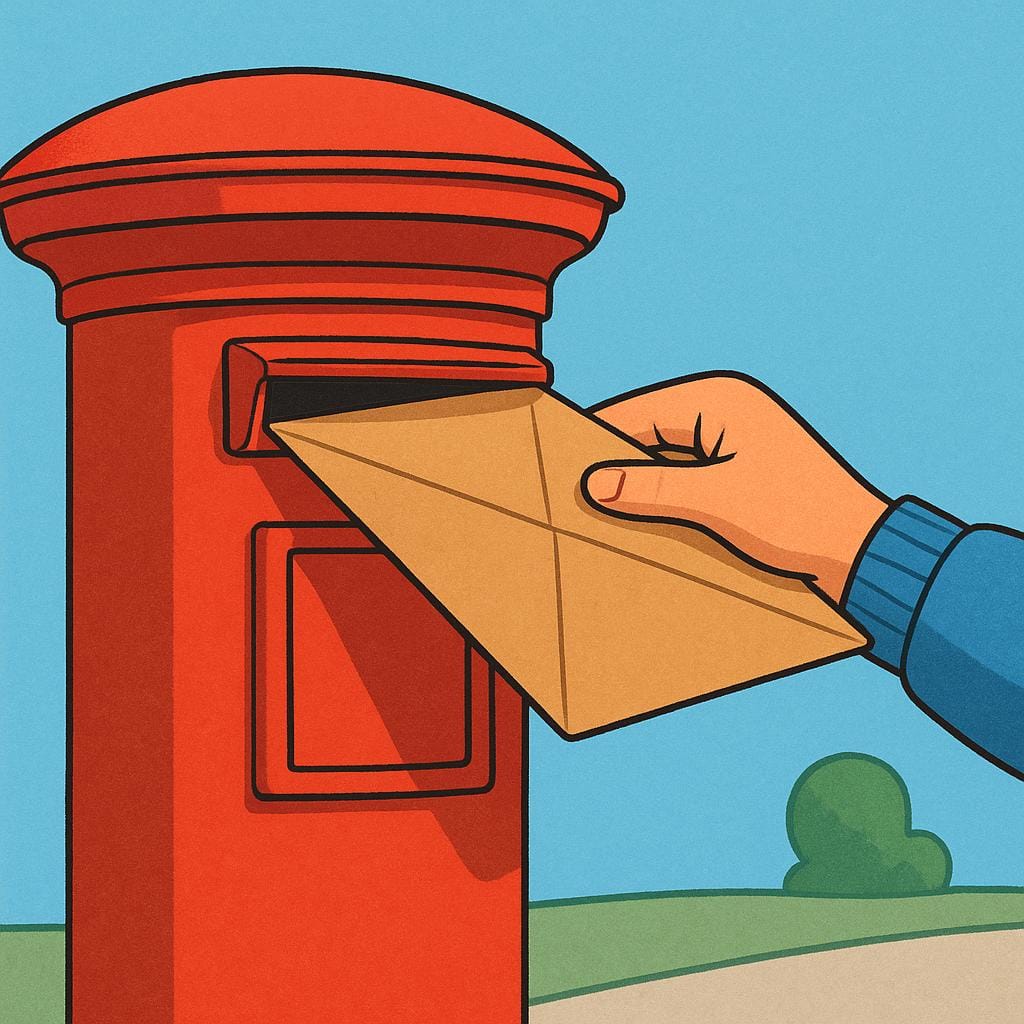 A person's hand is shown placing a large, sealed brown envelope into a prominent red post box.