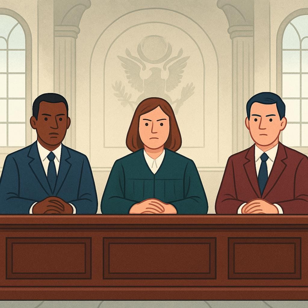 Une illustration de livre d'histoires colorée représentant trois personnages à l'air sérieux vêtus de costumes formels assis derrière un long bureau en bois imposant, représentant des fonctionnaires du gouvernement ou des personnes au pouvoir.