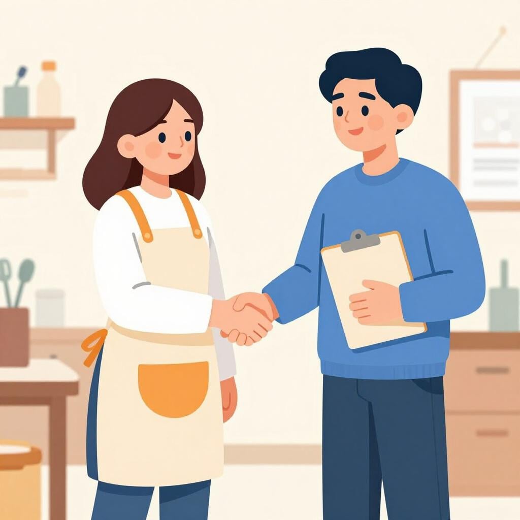 A manager shaking hands with a new worker in a bright office.