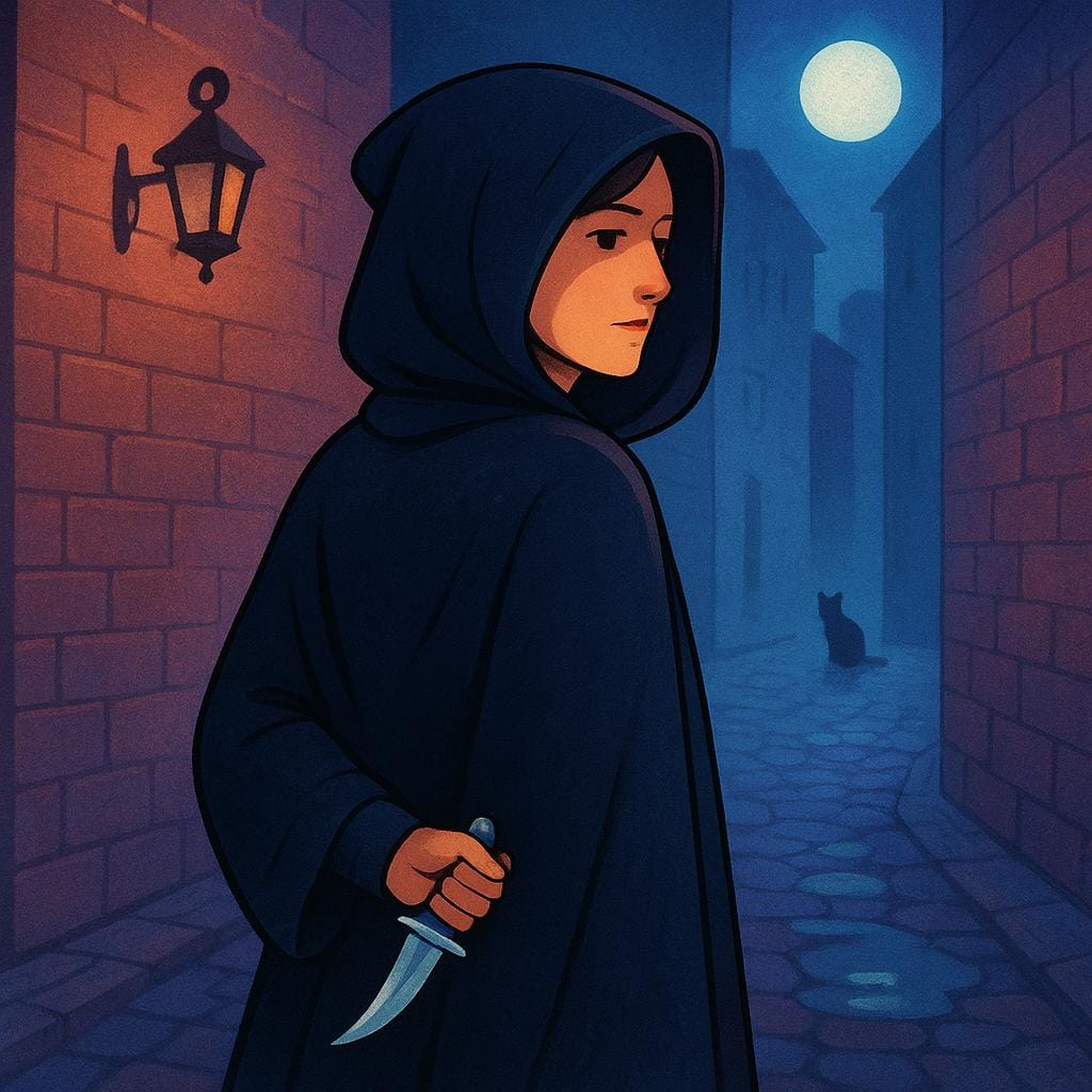 Una donna avvolta in un tessuto scuro in piedi nell'ombra, nascondendo un piccolo pugnale dietro la schiena.