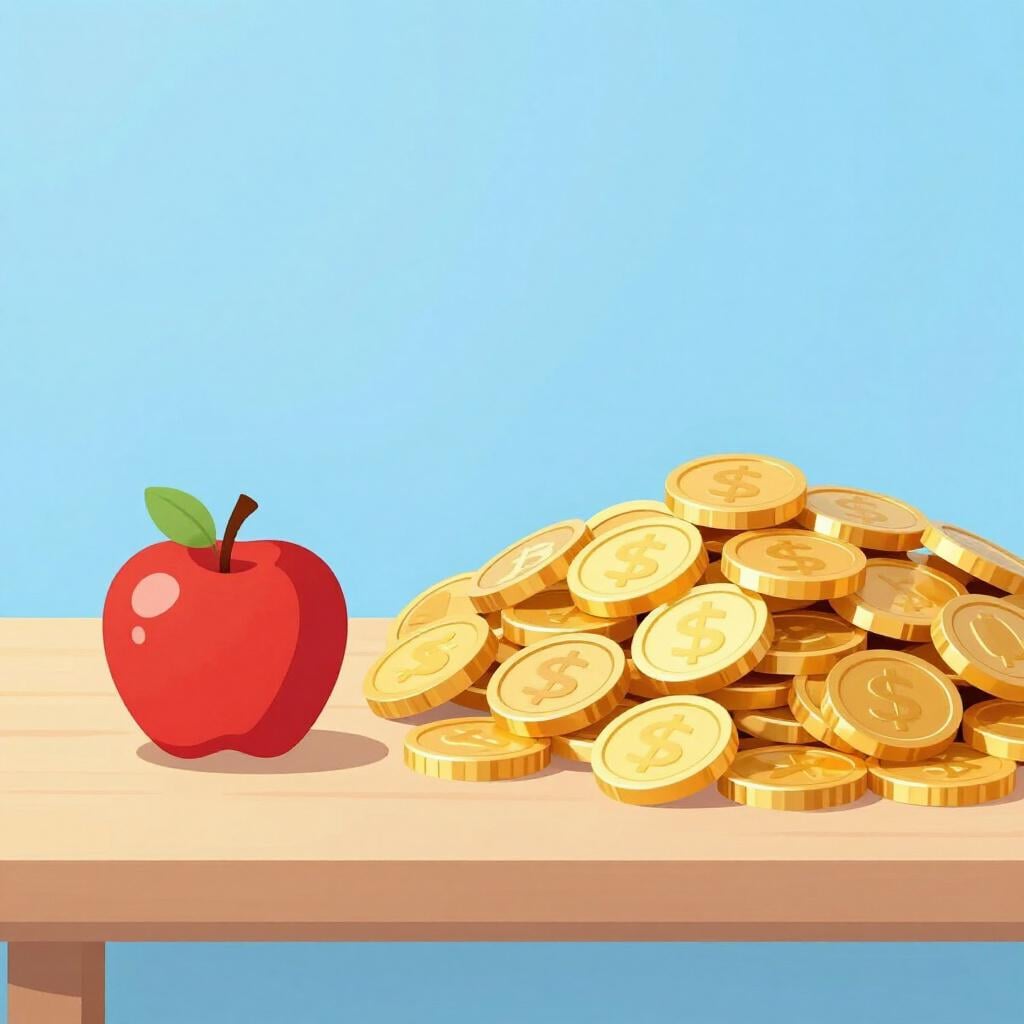 A small pile of gold coins next to a single red apple, suggesting an unfair trade.