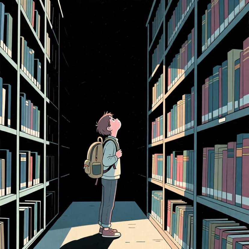A person standing inside a library, looking at bookshelves, representing the concept of being in a specific location.