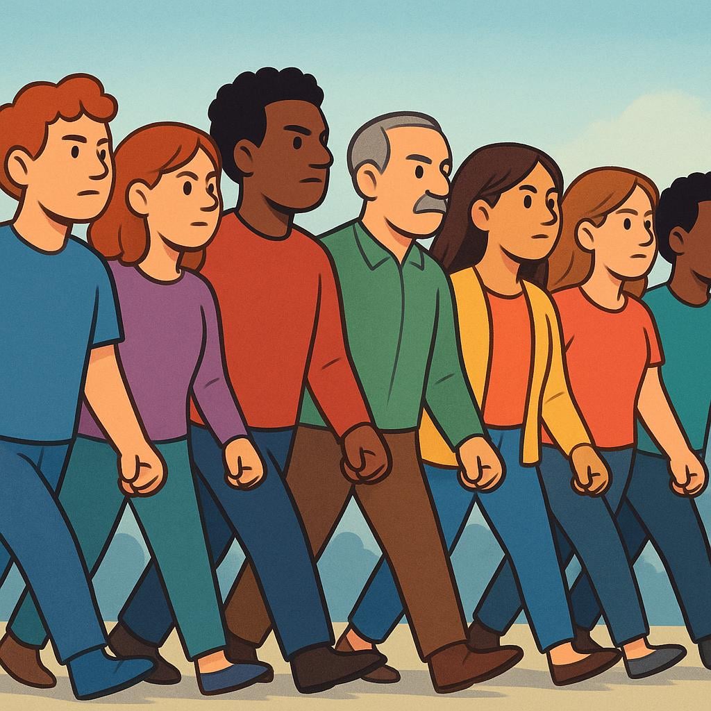 An illustration of a determined group of diverse people marching forward together in a unified line, symbolizing a protest.