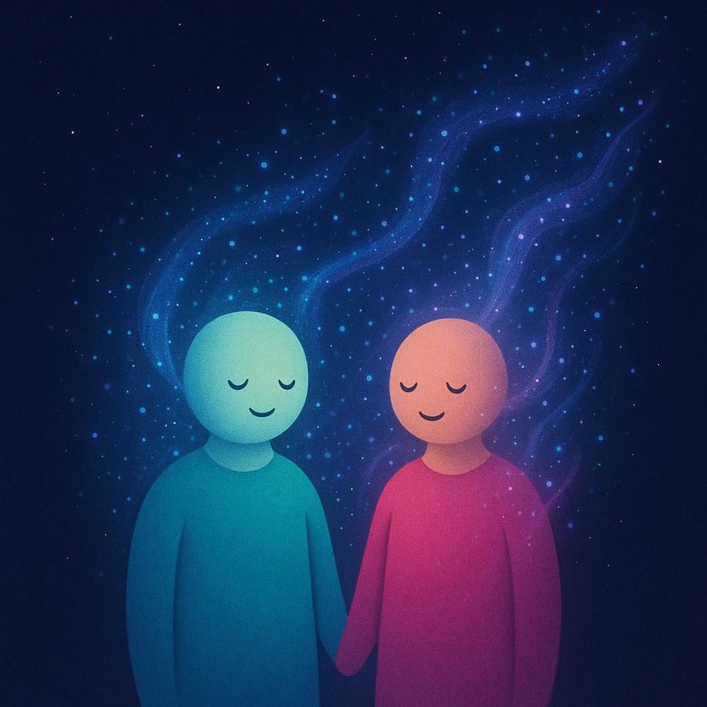 A high quality storybook illustration showing two small, stylized human figures gently dissolving into sparkling, colorful stardust against a dark, peaceful background.