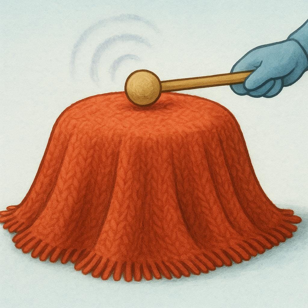 A storybook illustration showing a drum completely covered by a thick blanket. When the drum is hit, the sound waves emitted are drawn as faint and fuzzy lines, representing a muffled sound.