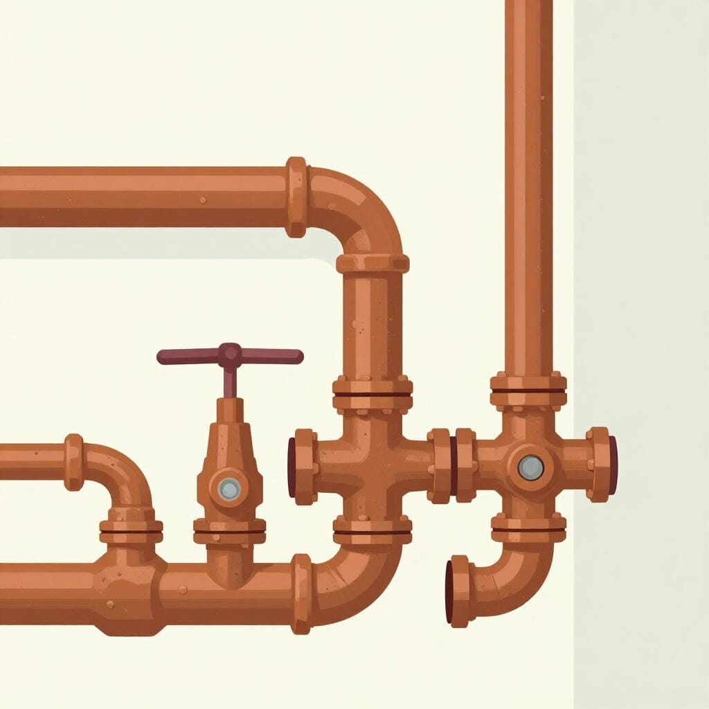 A network of copper pipes connected together on a basement wall.