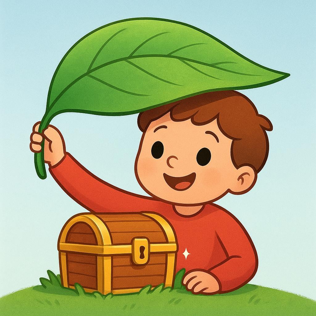 A cartoon character smiles excitedly while discovering a golden treasure chest hidden beneath a large green leaf.