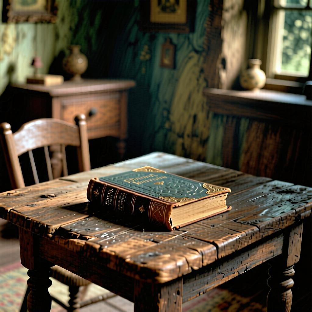 Una stanza accogliente e antiquata con un unico libro antico poggiato su un tavolo di legno, che illustra l'idea di 'c'era'.