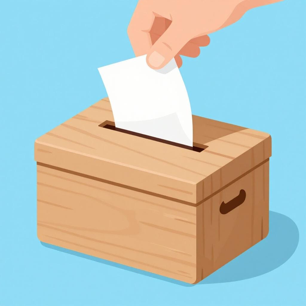 A simple wooden box with a slot on top and a white paper being dropped into it.