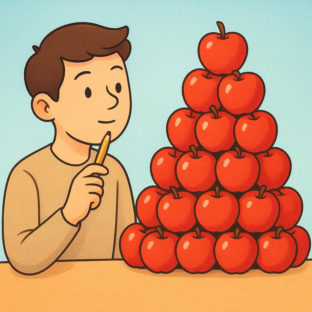 A person holding a pencil and looking thoughtfully at a large pile of apples, estimating how many there are.