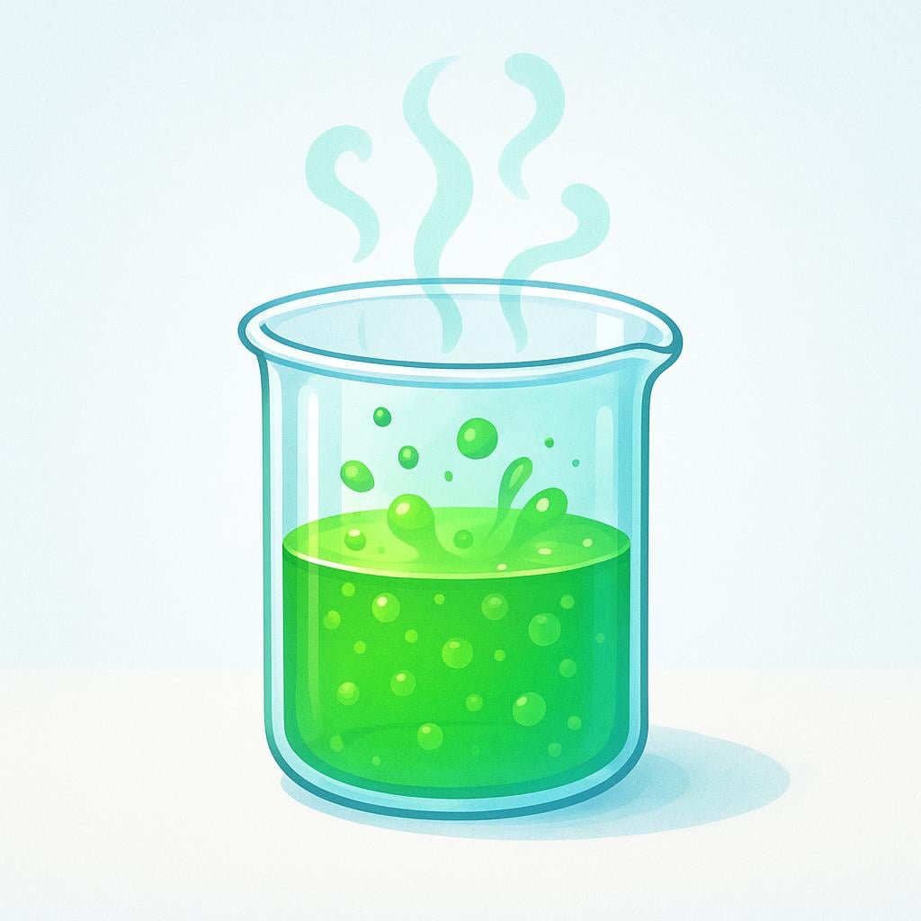 A simple glass laboratory beaker filled with bubbling, bright green liquid, stylized fumes rising from the top, signifying a chemical acid.