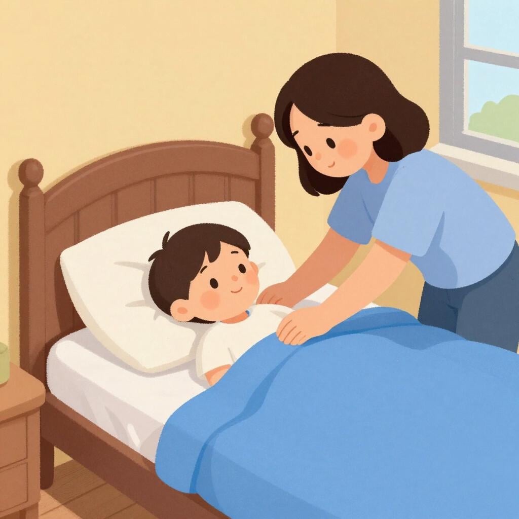 Un parent bordant doucement un enfant dans un lit douillet avec une couverture bleu doux.