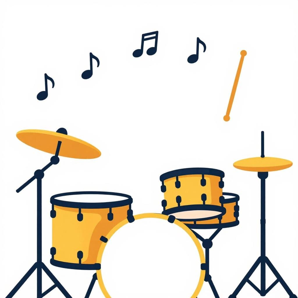 A set of colorful drums with a pair of drumsticks hitting the space between the drums to indicate a syncopated rhythm.