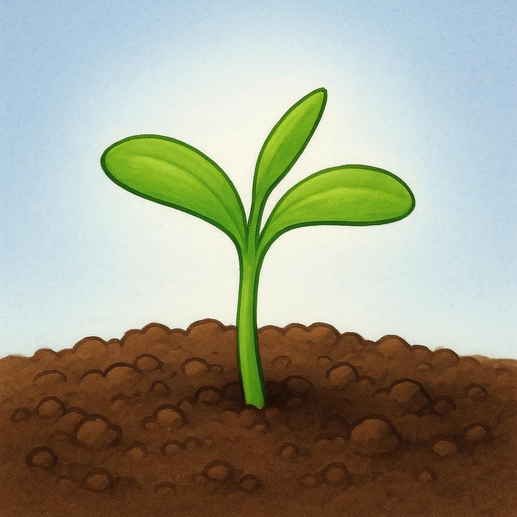 A tiny, vibrant green seedling pushing strongly out of rich dark soil, bathed in a soft, bright light.