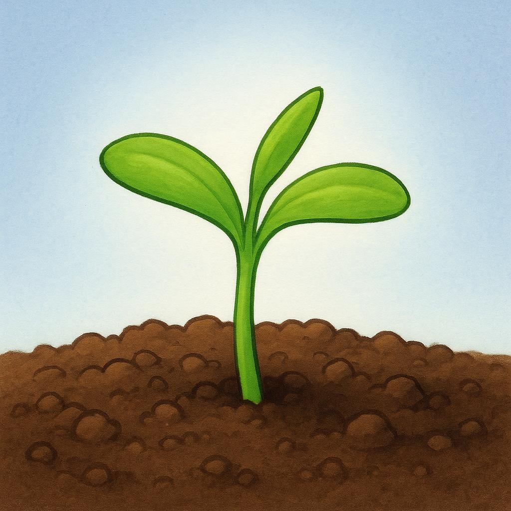 A tiny, vibrant green seedling pushing strongly out of rich dark soil, bathed in a soft, bright light.