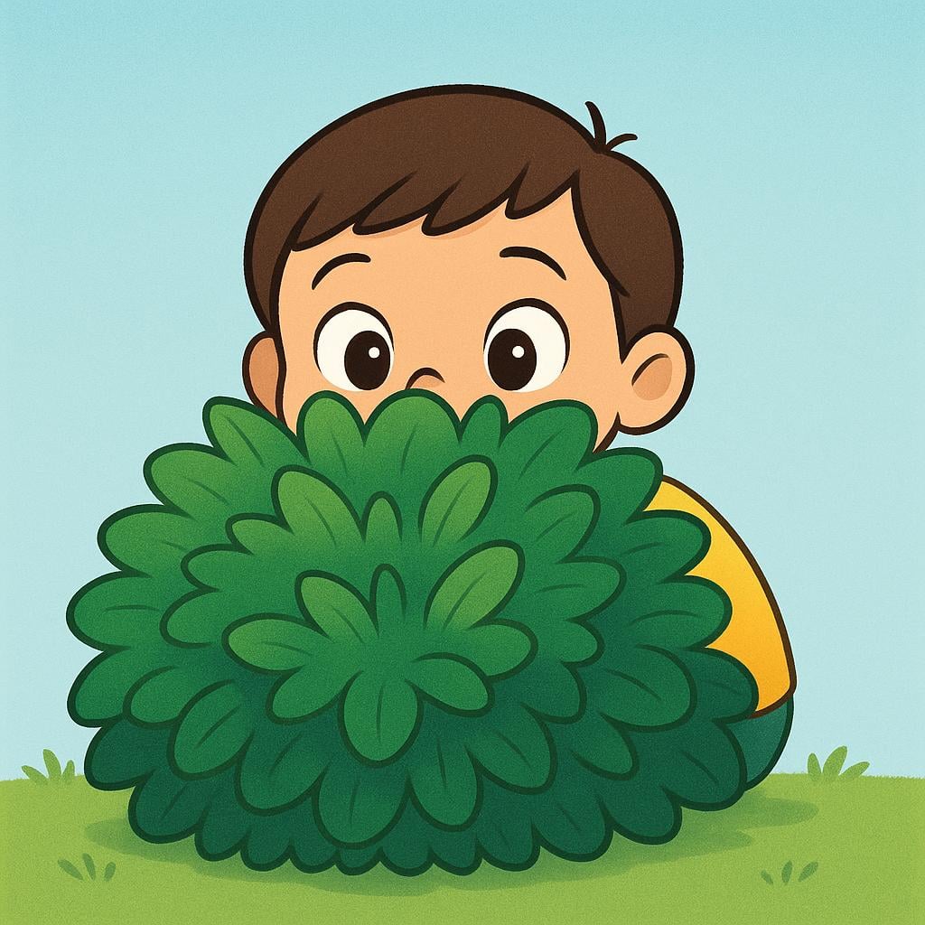 A child in a bright yellow shirt is crouched down completely behind a large, dense green bush, with only the top of their head and eyes visible peeking out.