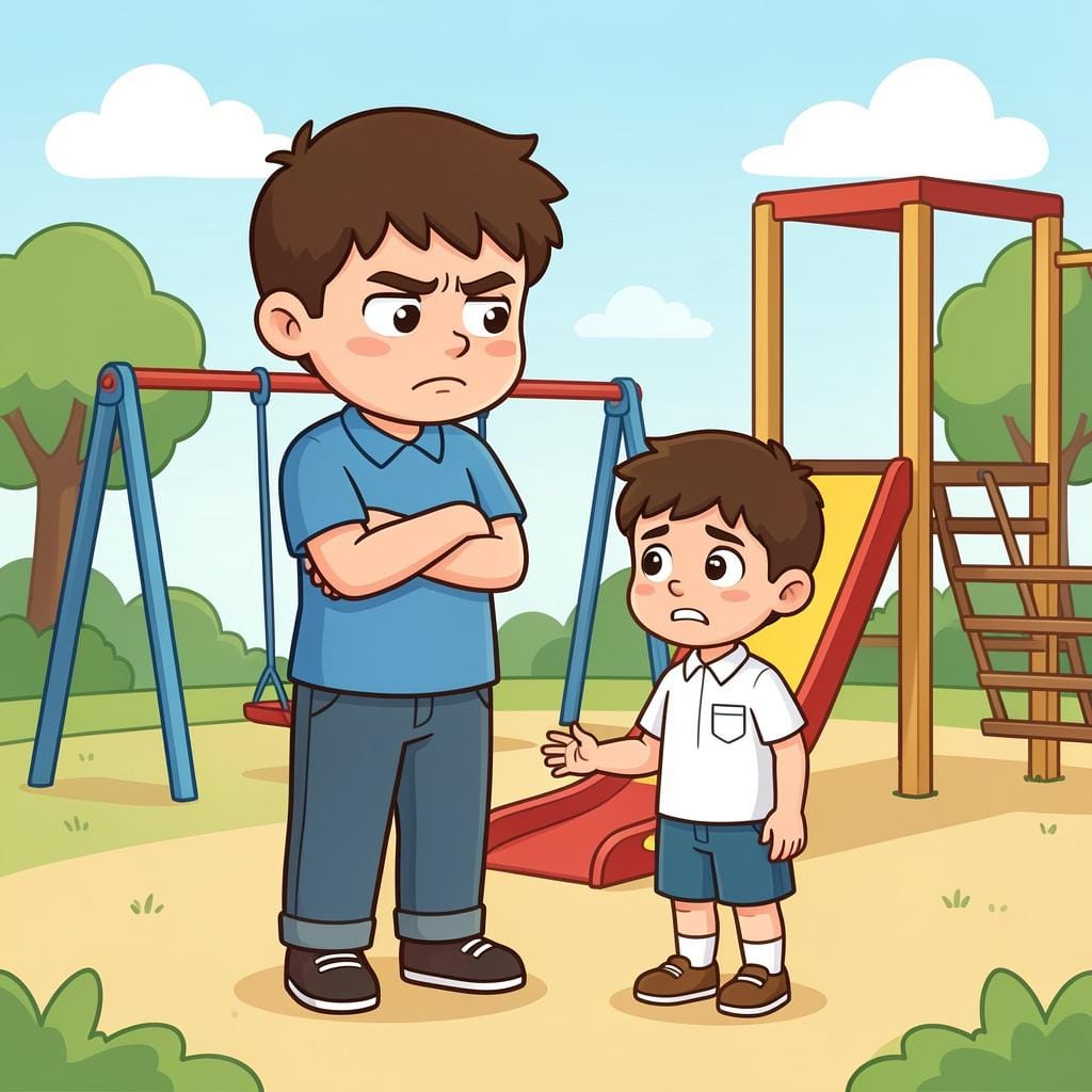 A large, mean-looking student towering over a smaller student on a school playground.