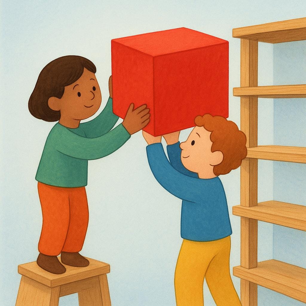 Two stylized figures working together to carefully place a large, brightly colored red box onto a high wooden shelf.