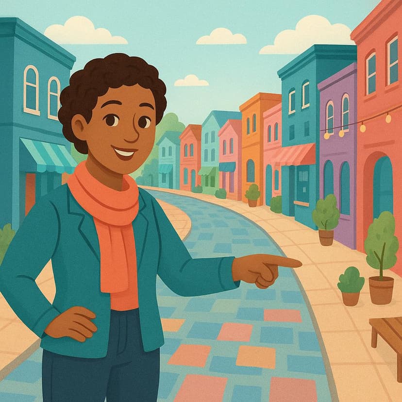 A smiling woman standing in a colorful, busy city square, pointing confidently down a specific street, showing deep familiarity with the location.