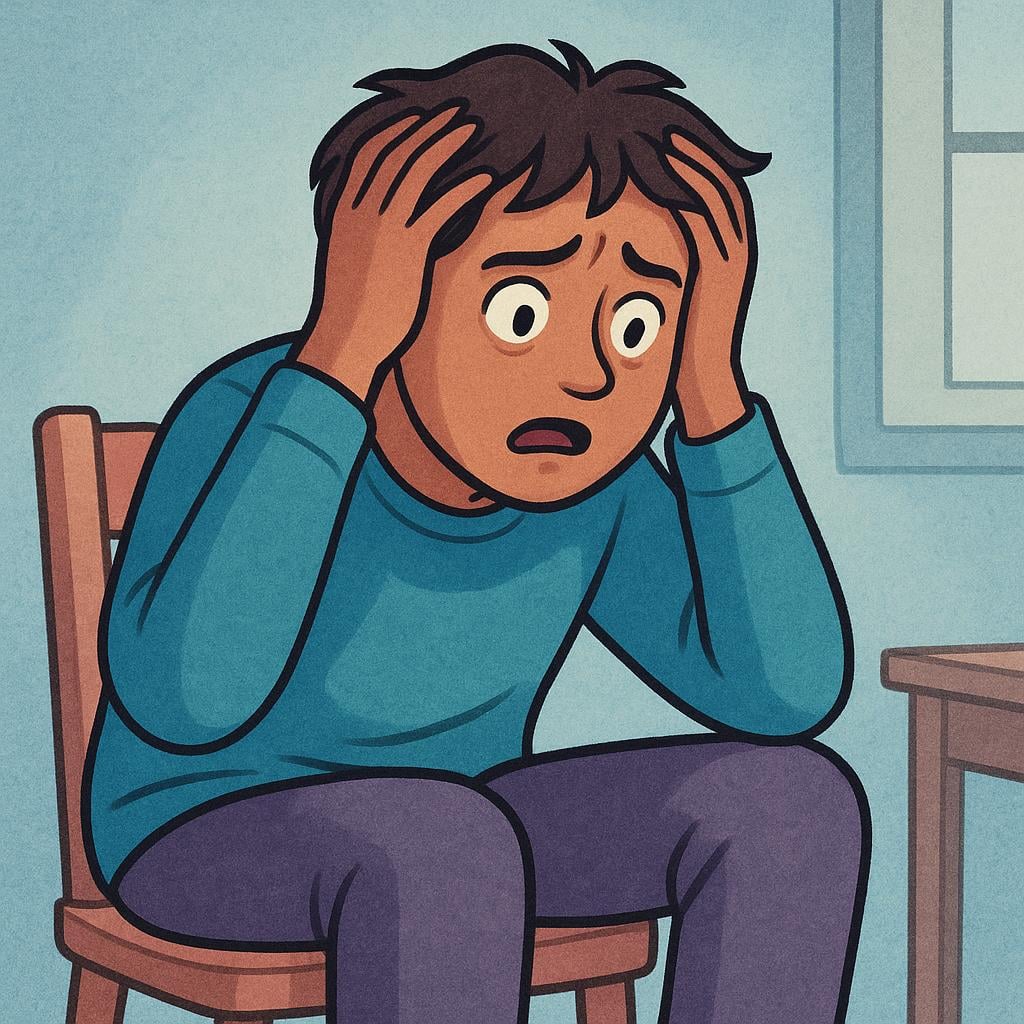 A storybook illustration of a figure sitting down, covering their face with their hands, conveying emotional shock or distress.