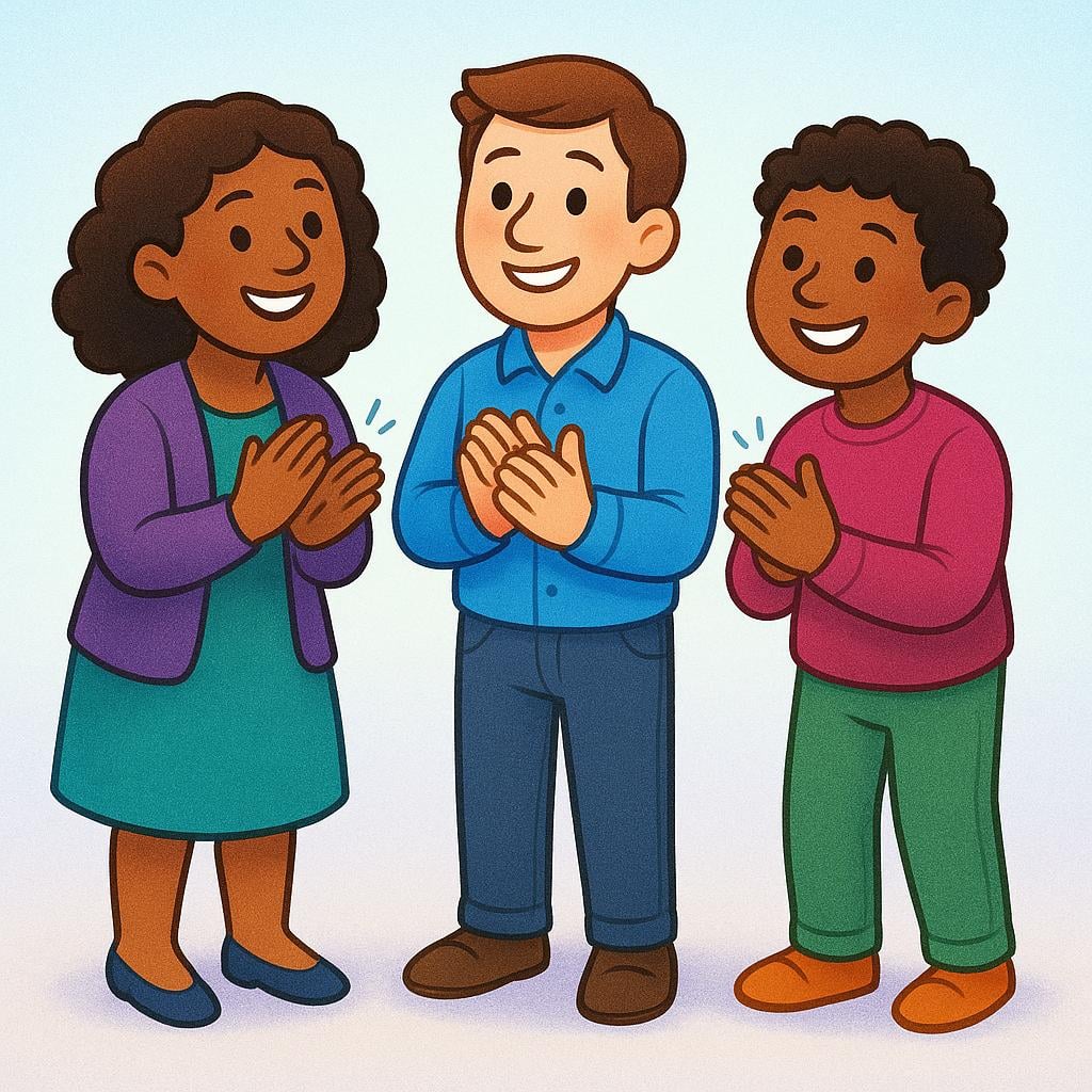 A colorful storybook illustration showing three diverse individuals standing together, all clapping their hands and smiling, performing the act of congratulating someone.