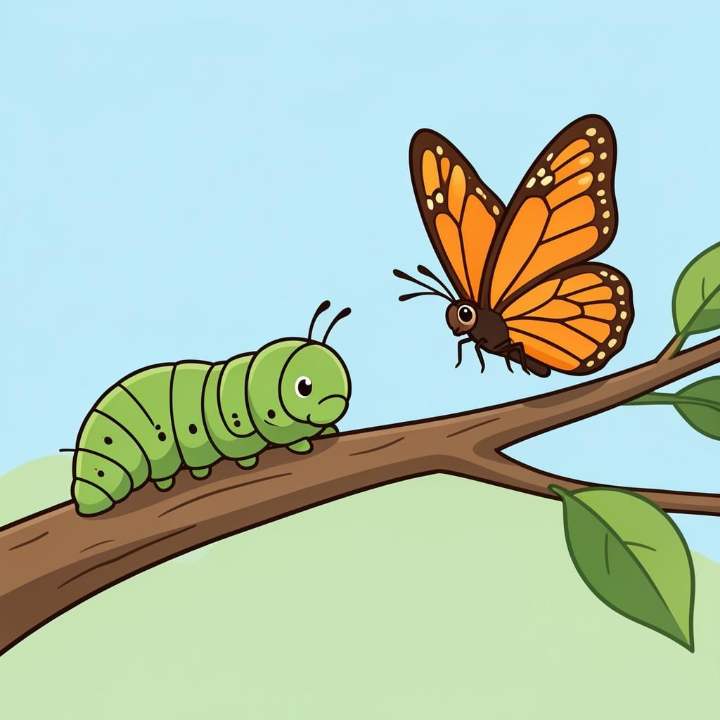 A colorful caterpillar transforming into a beautiful butterfly.