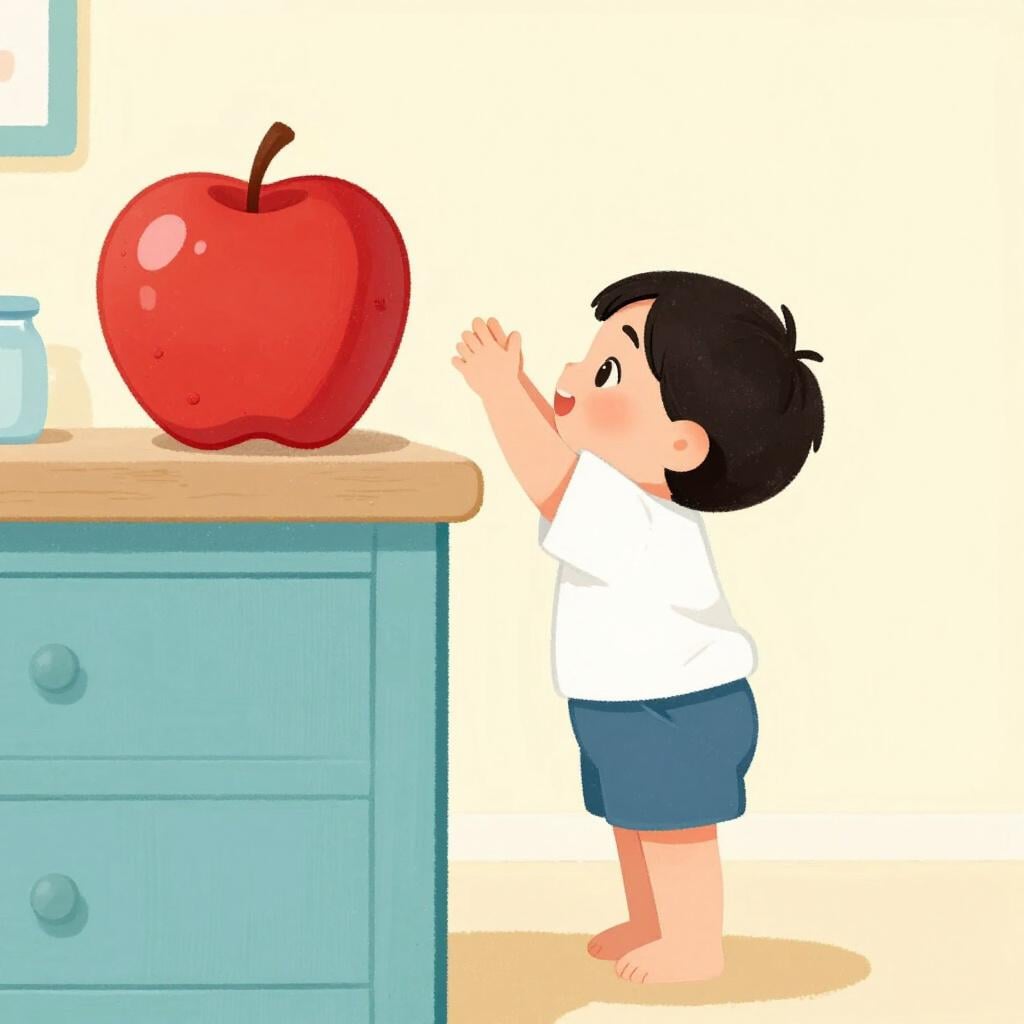 A small child reaching up high to try and grab a red apple from a kitchen counter.