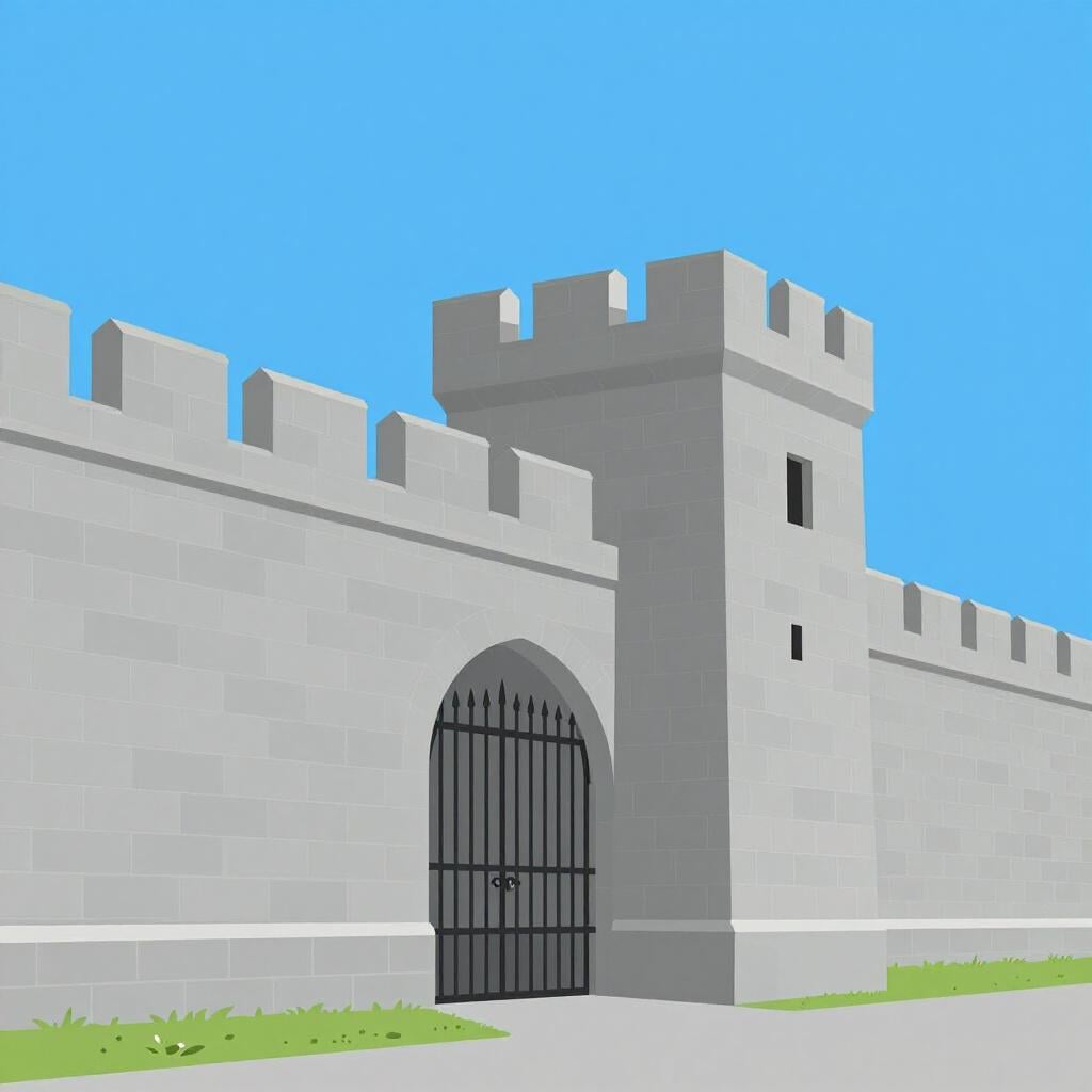 Un mur de pierre élevé avec un portail en fer lourd et une petite tour de garde, représentant un établissement du système pénitentiaire.