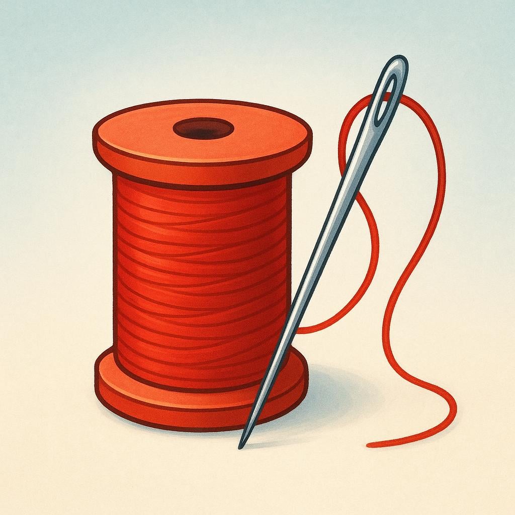 A large spool of vibrant red sewing thread with a silver needle threaded through it, ready for use.