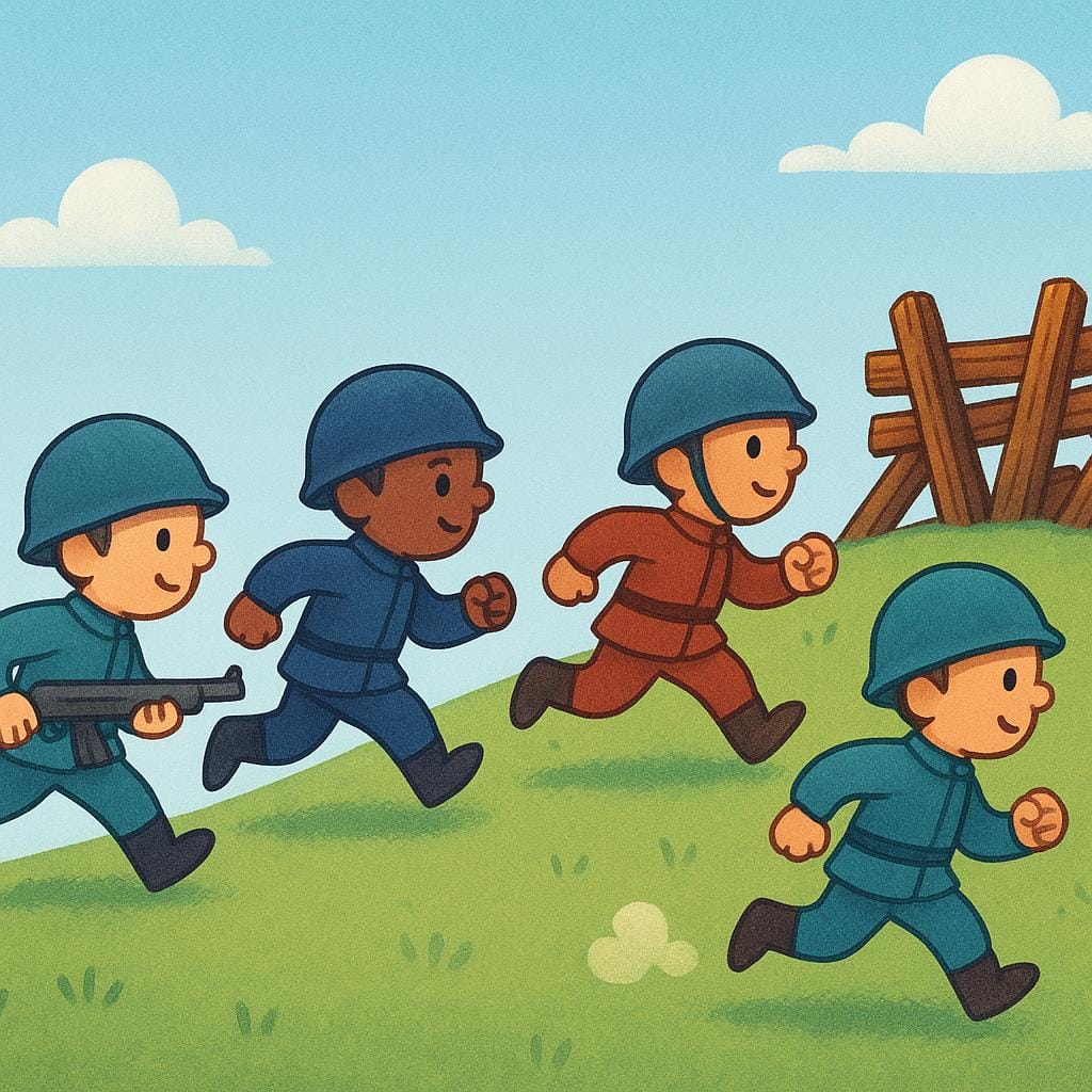 Simple illustration of stylized soldiers running up a small dirt hill towards a wooden barricade, representing a military attack.
