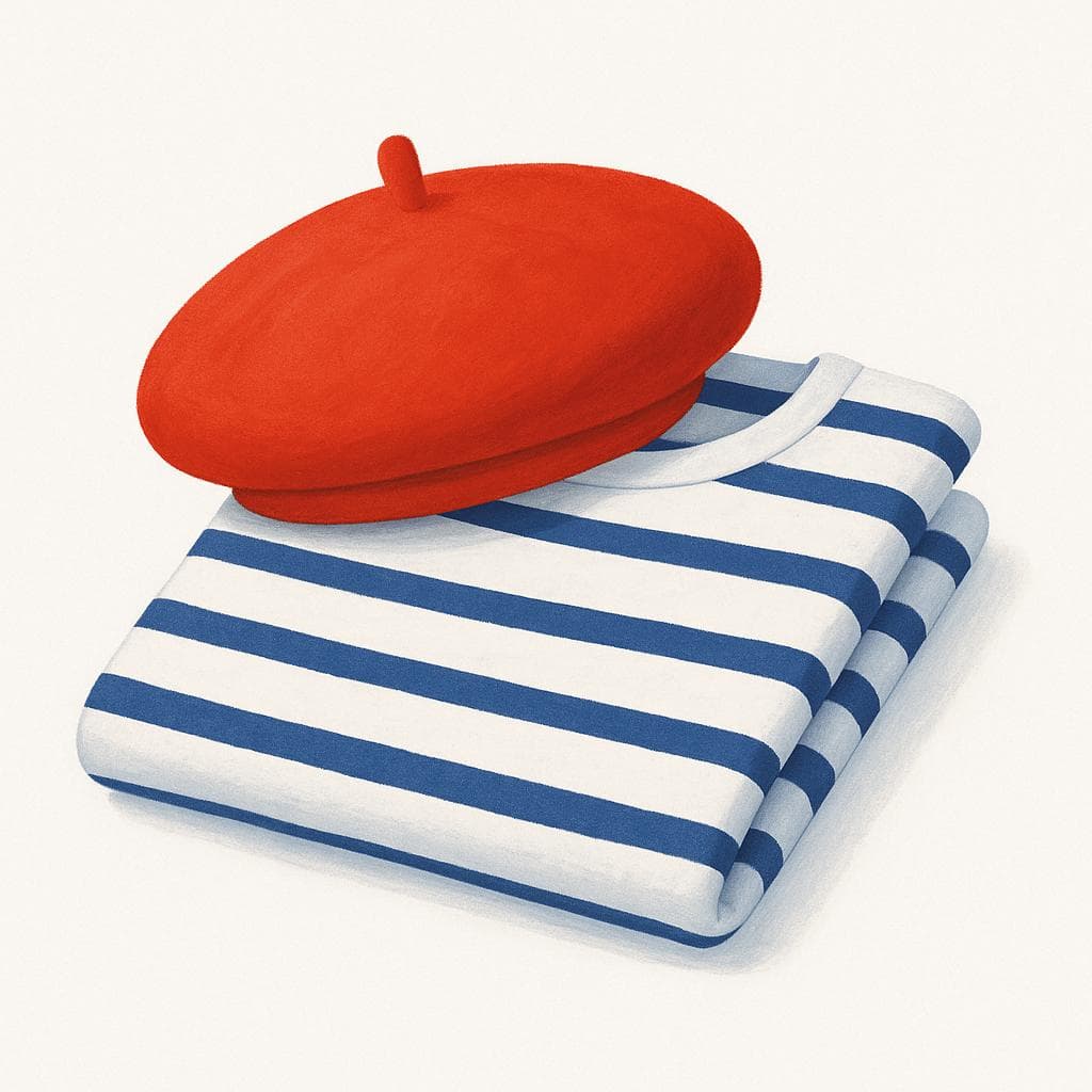 Un semplice berretto rosso appoggiato su una camicia a righe blu e bianche ordinatamente piegata, a simboleggiare la cultura francese.