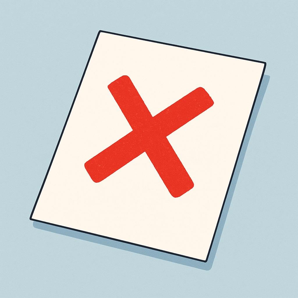 A piece of white paper resting on a wooden desk, marked prominently with a large, bright red 'X', signifying denial or rejection.