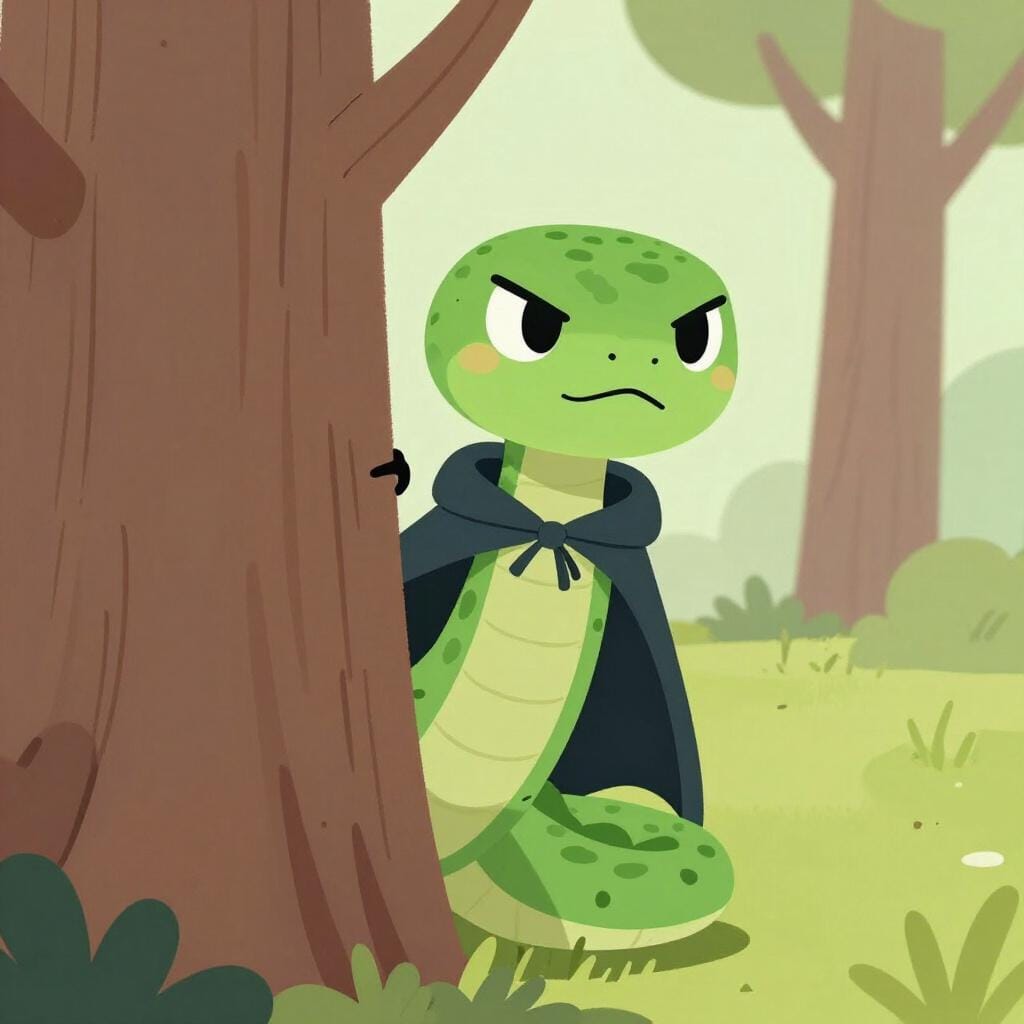 A cartoon snake wearing a dark hooded cloak, hiding behind a tree with a sly expression.