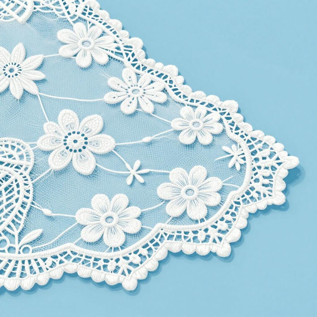 A close-up of a white delicate lace fabric with intricate floral patterns.