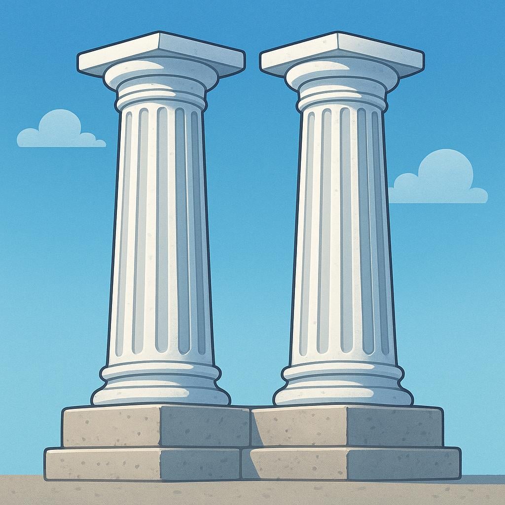 Two tall, white, fluted columns characteristic of ancient Roman architecture, standing side-by-side.