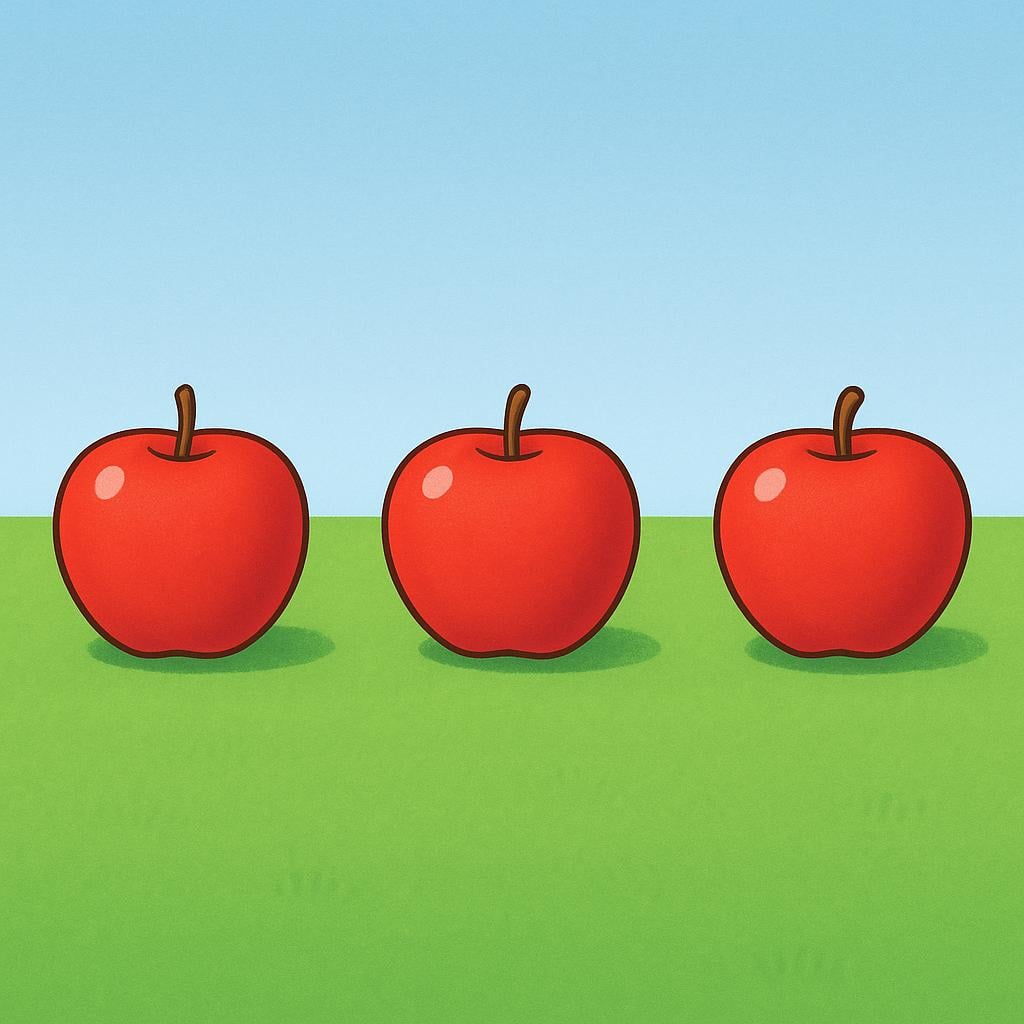 Three identical red apples resting on a vibrant green field, illustrating an unspecified quantity.