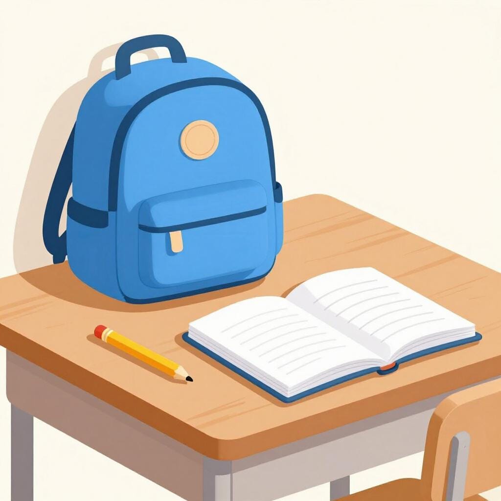 A wooden table with an open backpack, a sharp pencil, and a clean notebook ready for use.